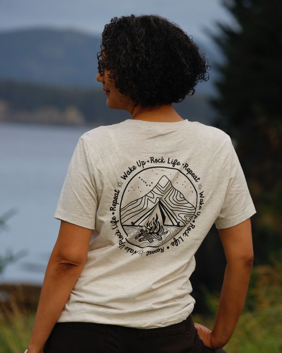 Campfire Nights Unisex Short Sleeve Tee I Wake Up. Rock Life. Repeat. Heather Stone / L